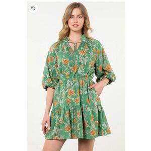THML Jolene Floral Mini Dress Green Orange Puff Sleeve Womens Large
